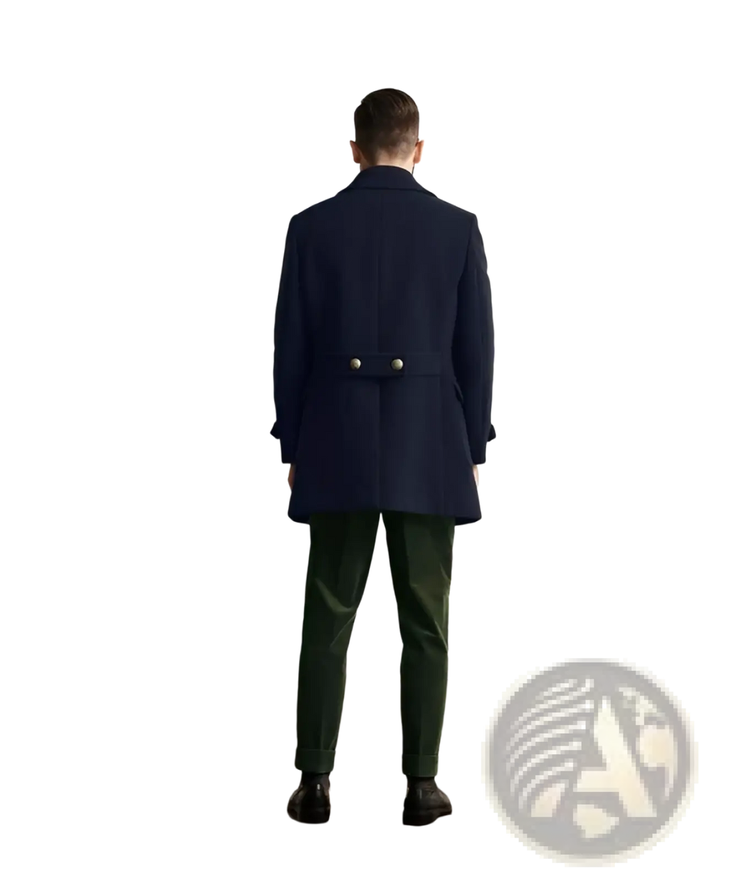 Navy blue wool overcoat with gold toned buttons styled as a double breasted coat for formal outerwear