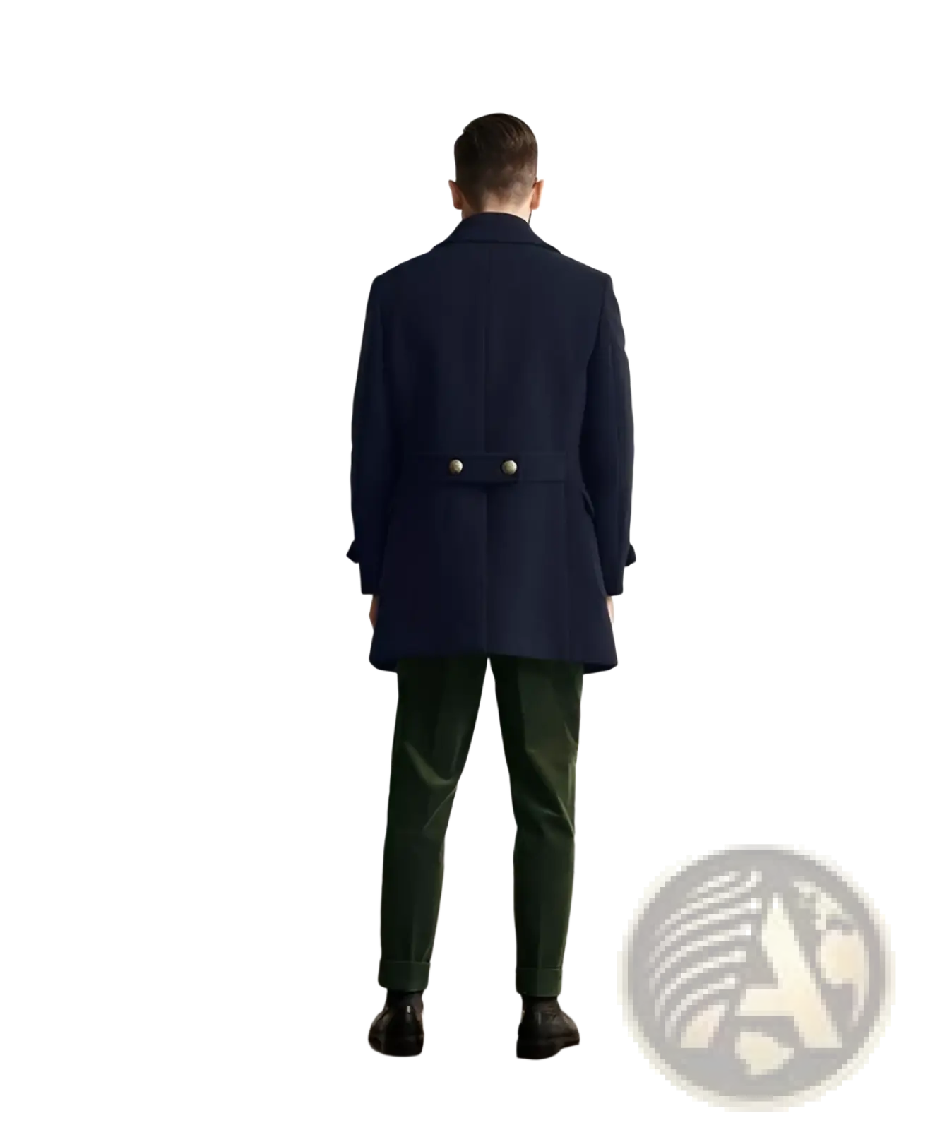 Navy blue wool overcoat with gold toned buttons styled as a double breasted coat for formal outerwear