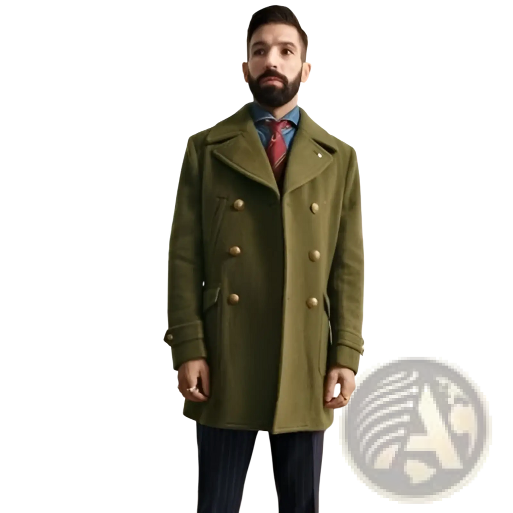 Olive green wool double-breasted coat with gold-toned buttons featuring a classic tailored design