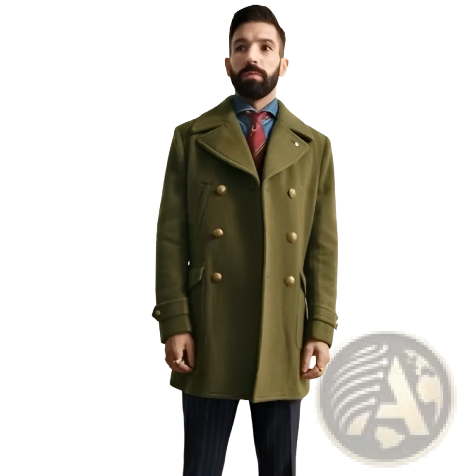Olive green wool double-breasted coat with gold-toned buttons featuring a classic tailored design