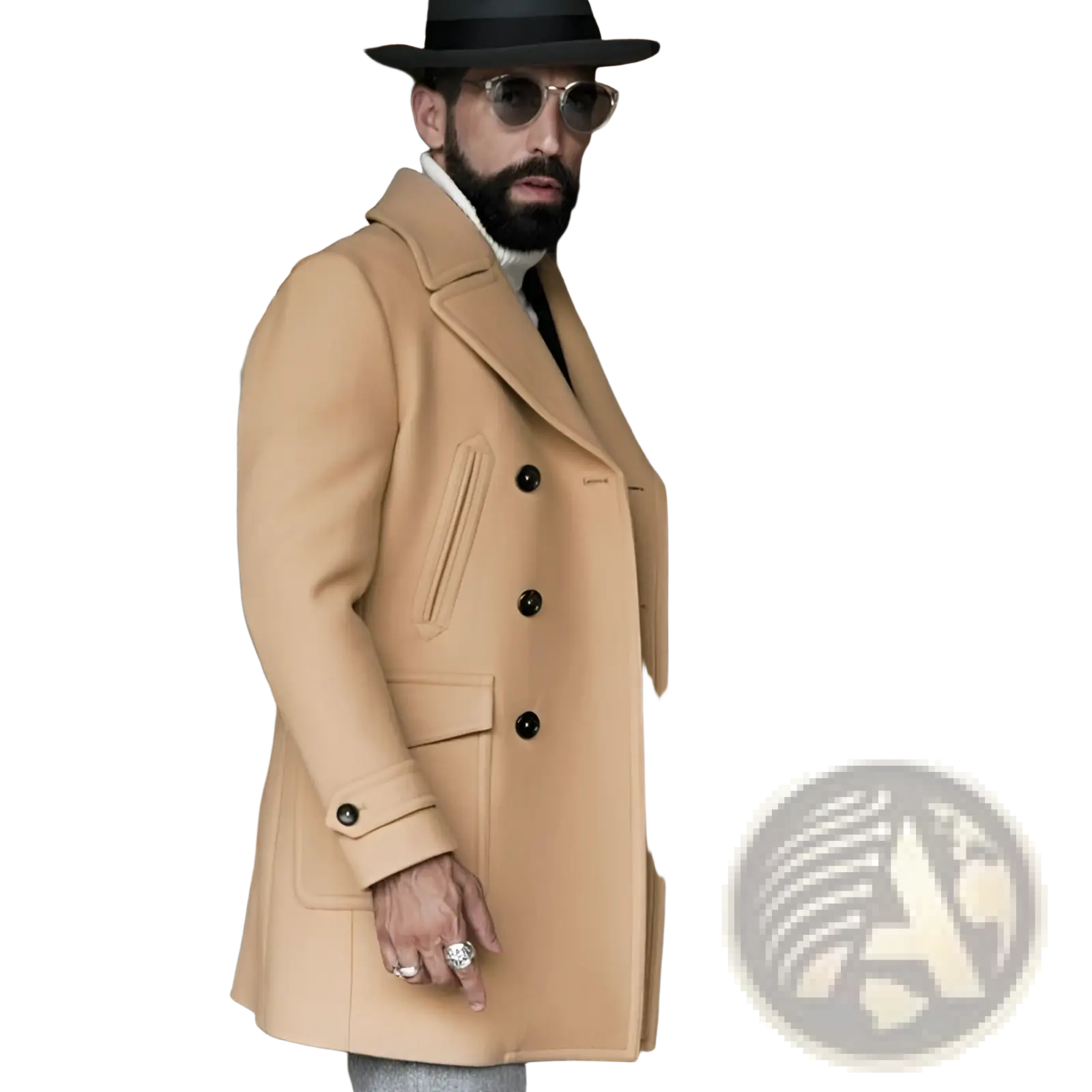 Tan wool double-breasted coat with black buttons and notched collar in olive green wool design