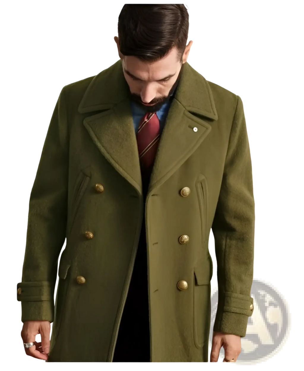 Olive green wool double-breasted coat with gold-toned buttons and a notched collar for stylish outerwear