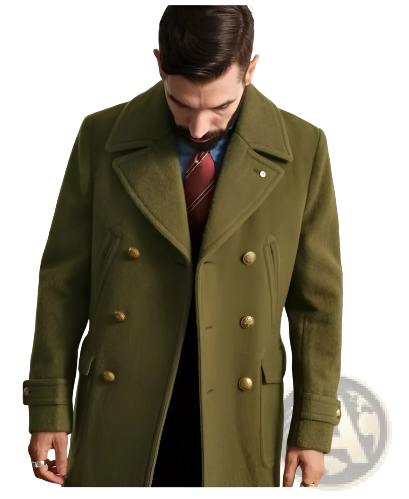 Olive green wool double-breasted coat with gold-toned buttons and a notched collar for stylish outerwear