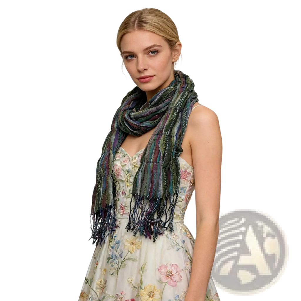 A textured olive jacquard crinkle scarf in green, blue, and purple with a woven pattern and fringed ends