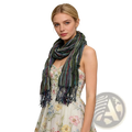 A textured olive jacquard crinkle scarf in green, blue, and purple with a woven pattern and fringed ends