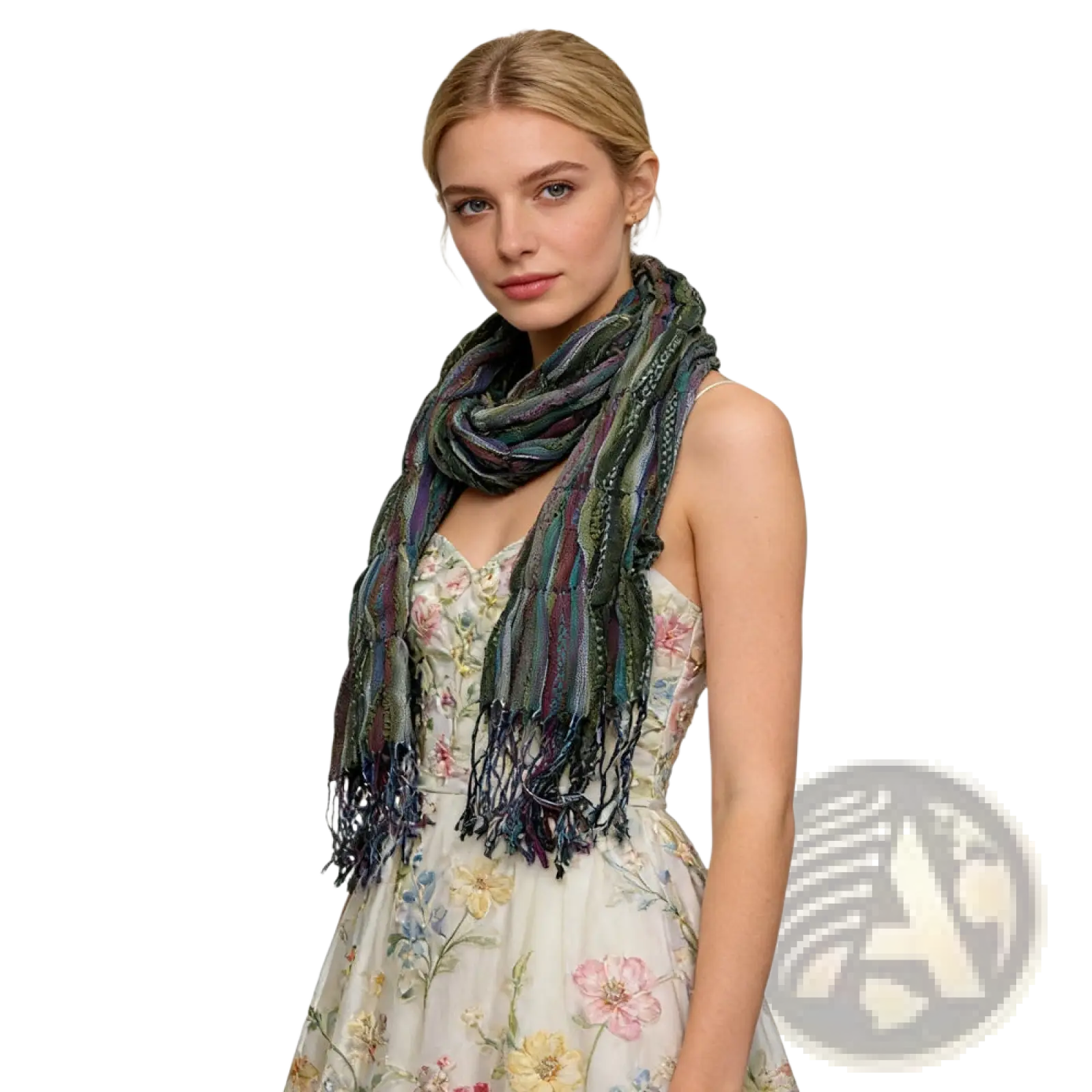 A textured olive jacquard crinkle scarf in green, blue, and purple with a woven pattern and fringed ends