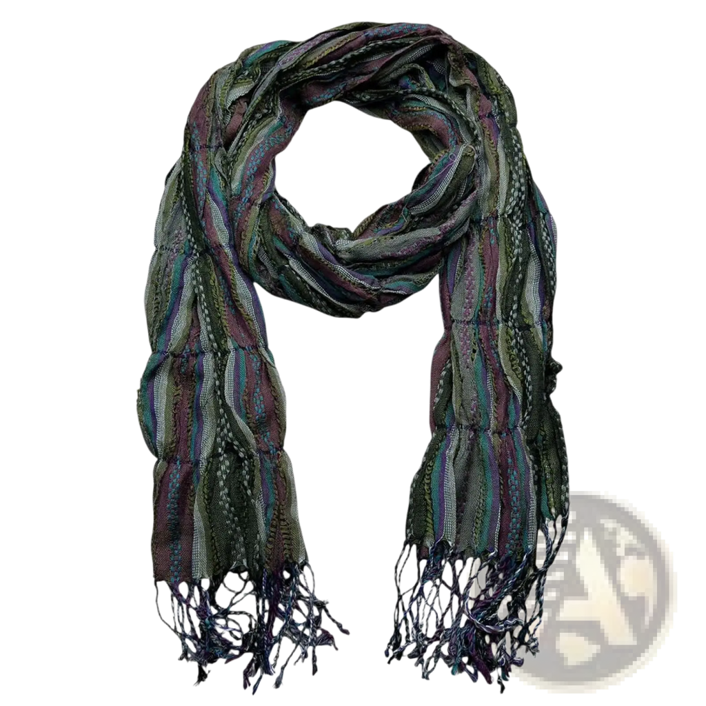 A woven olive jacquard crinkle scarf with a textured multicolored pattern in green purple and blue with fringed ends