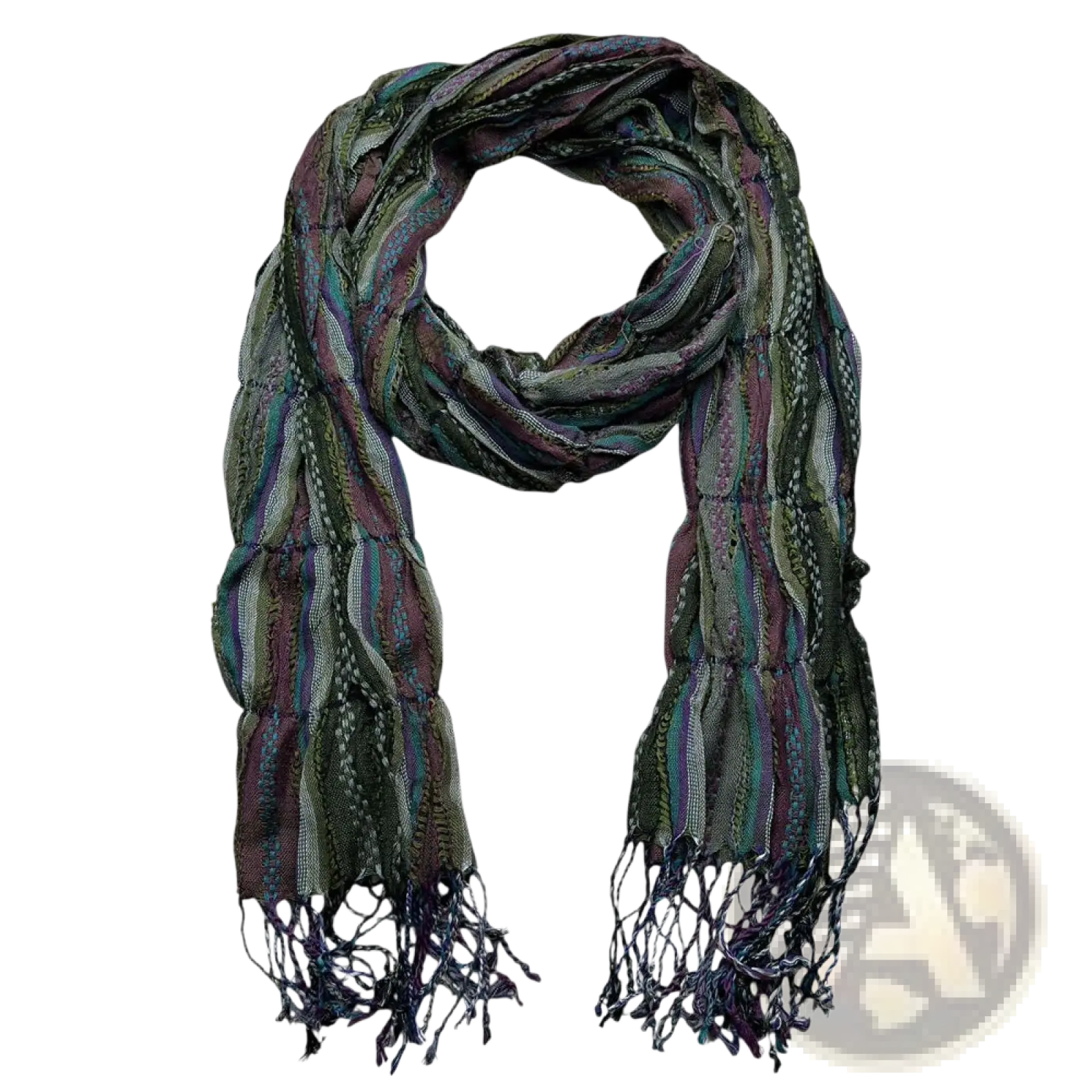 A woven olive jacquard crinkle scarf with a textured multicolored pattern in green purple and blue with fringed ends