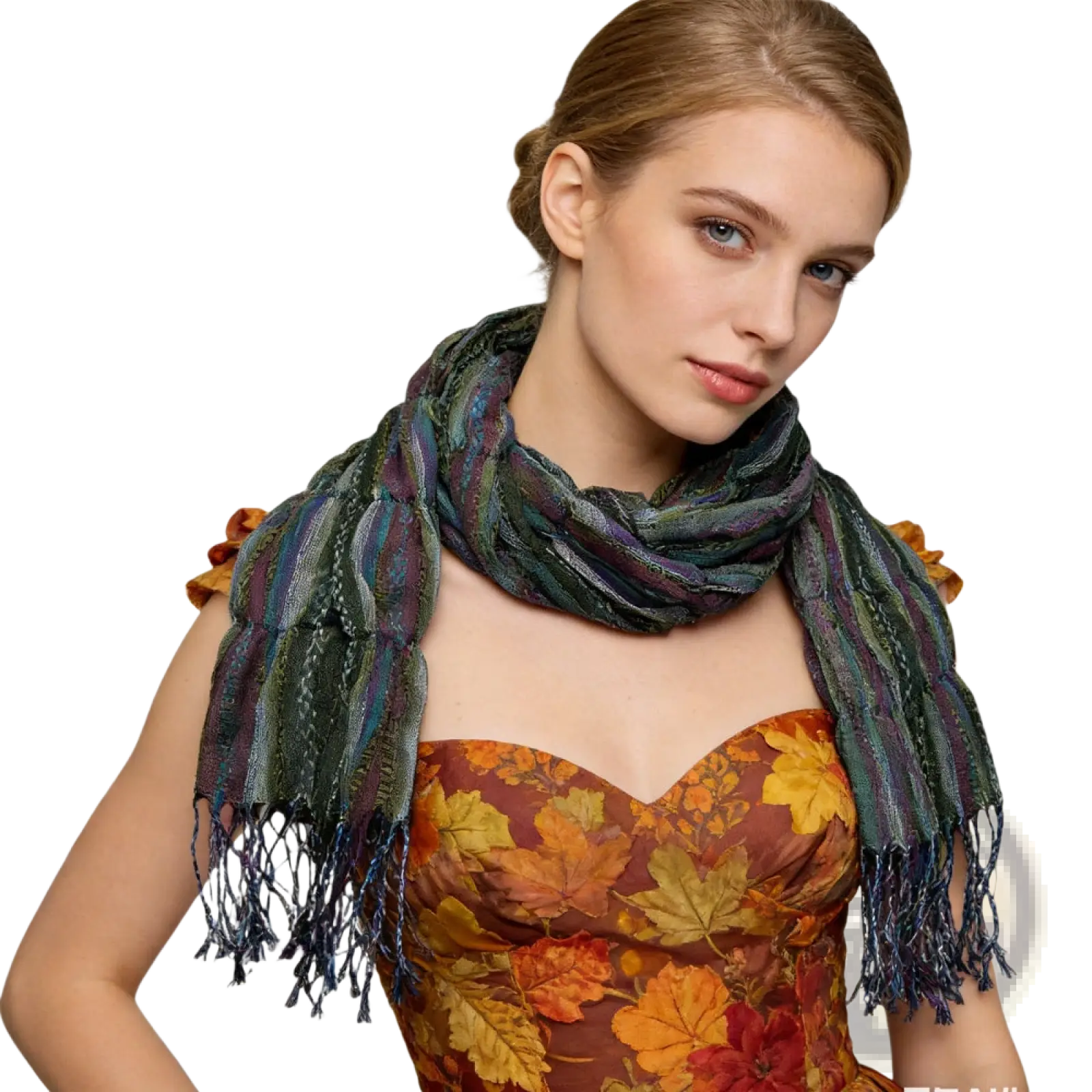 Olive jacquard crinkle scarf textured utility with a multicolored woven pattern in shades of green blue and purple with fringed edges