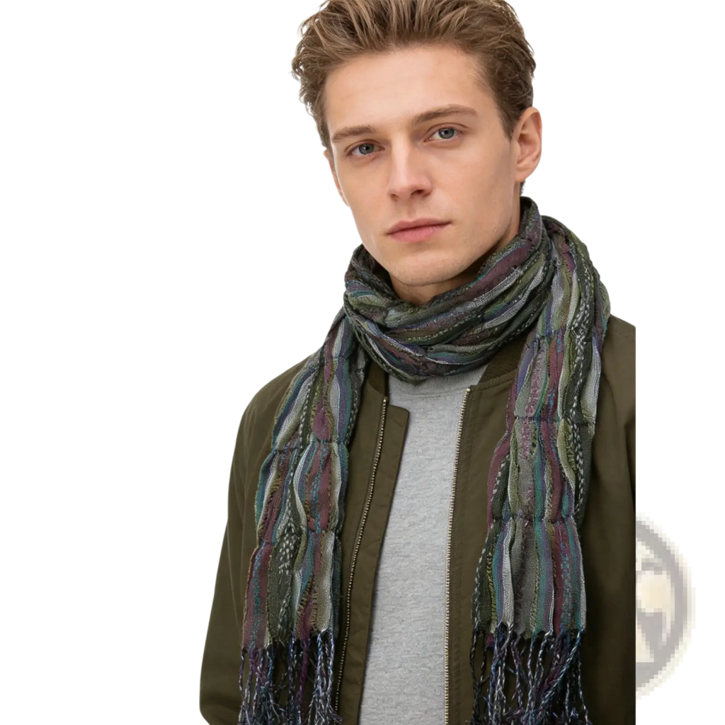 Olive jacquard crinkle scarf textured utility with woven pattern in green purple and blue and fringed edges