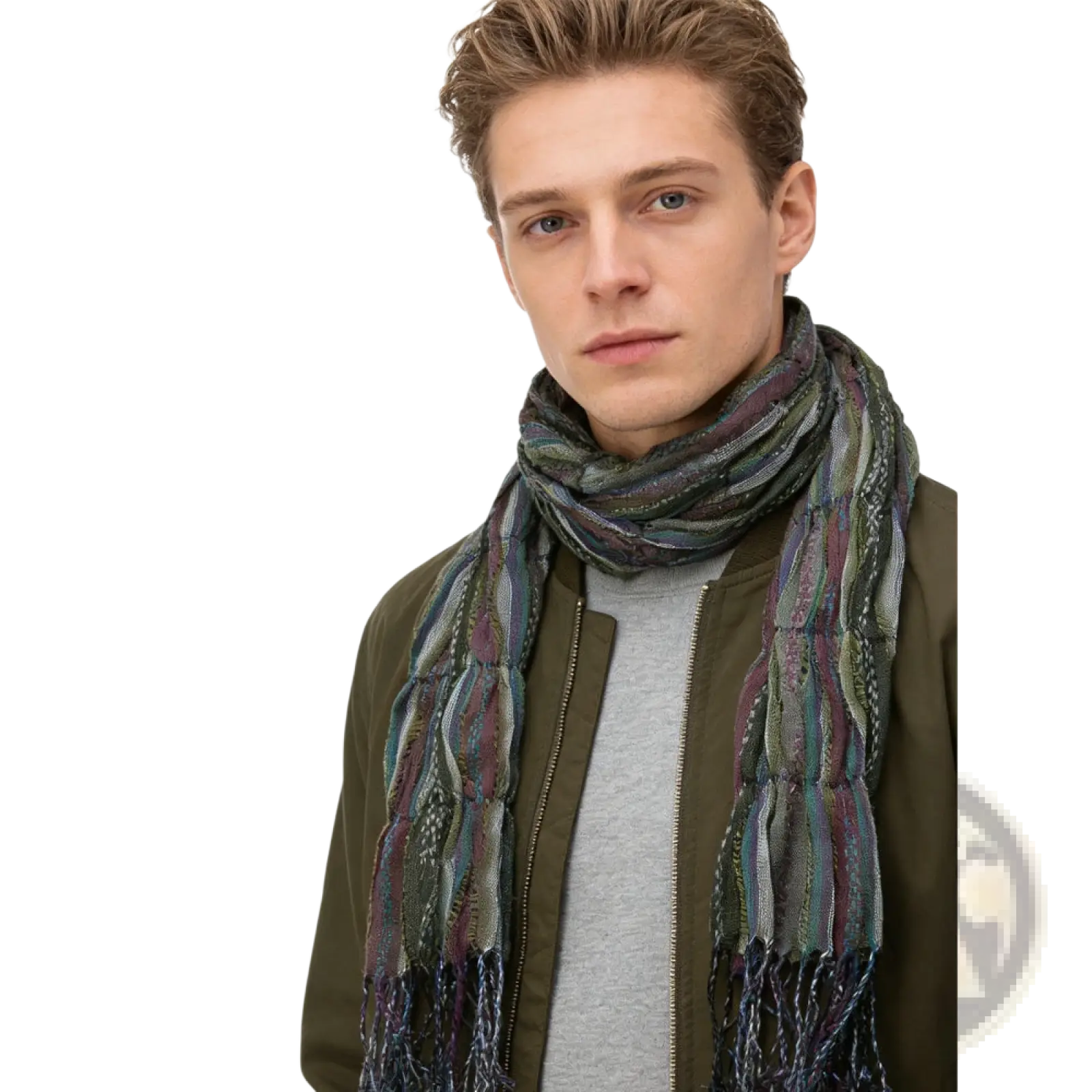 Olive jacquard crinkle scarf textured utility with woven pattern in green purple and blue and fringed edges