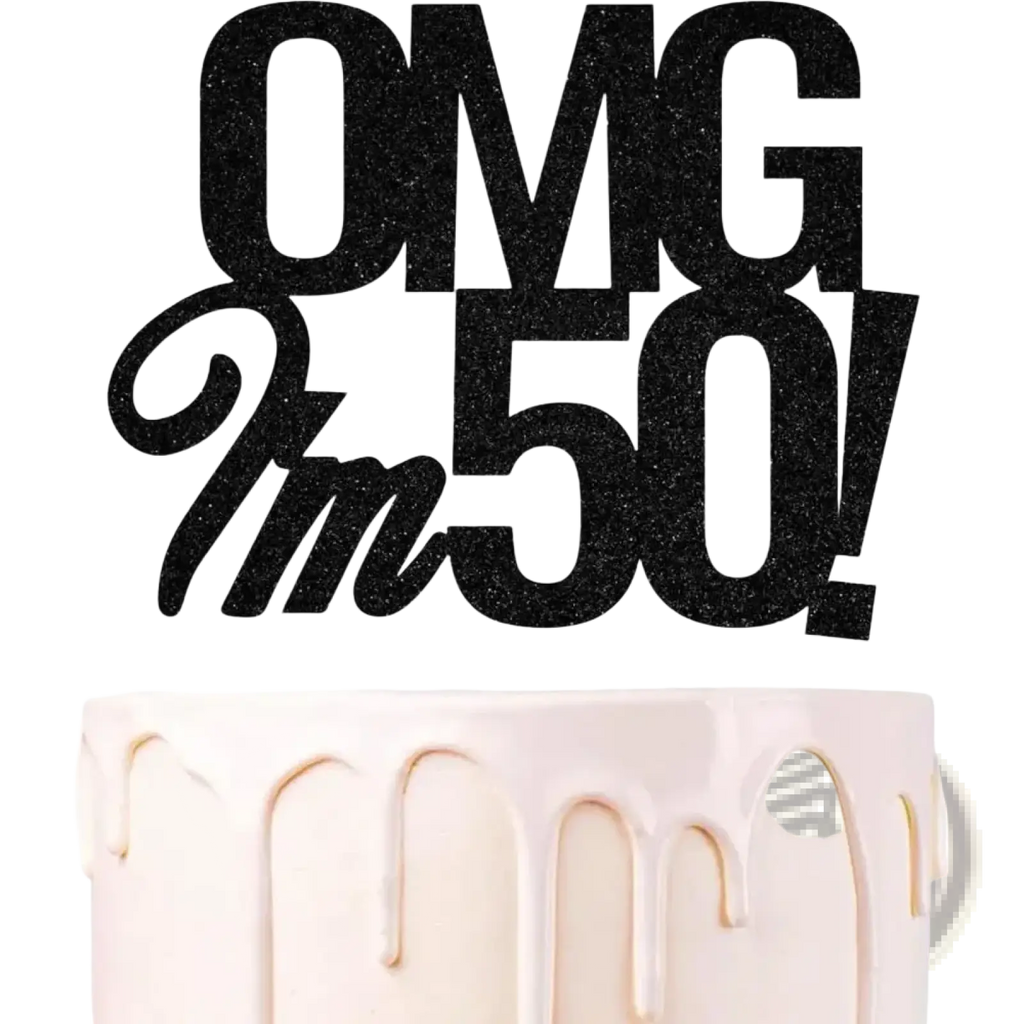 Black glittery omg im 50 cake topper for birthday celebrations made of durable material