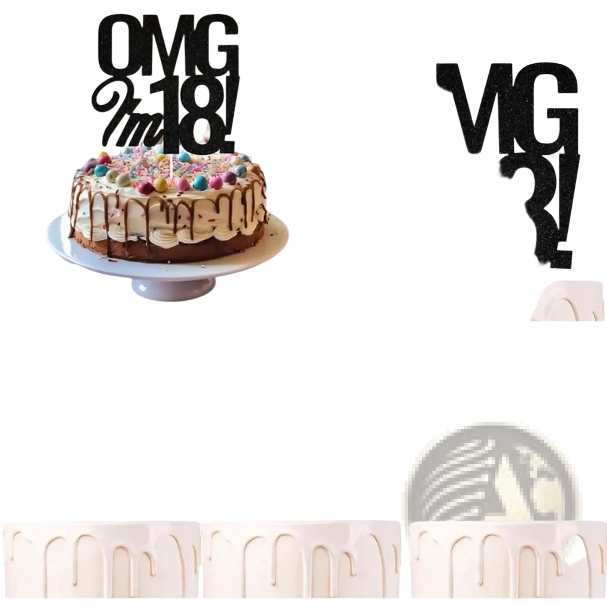 Black glitter birthday cake topper with bold stylized omg im 18 text for eighteenth birthday celebration