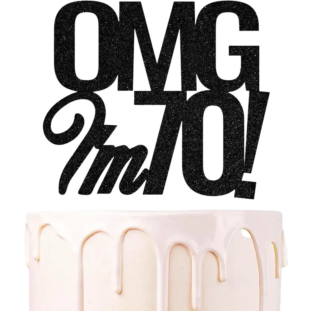 Black glittery omg im 70 cake topper for birthday cake featuring a bold birthday cake topper design
