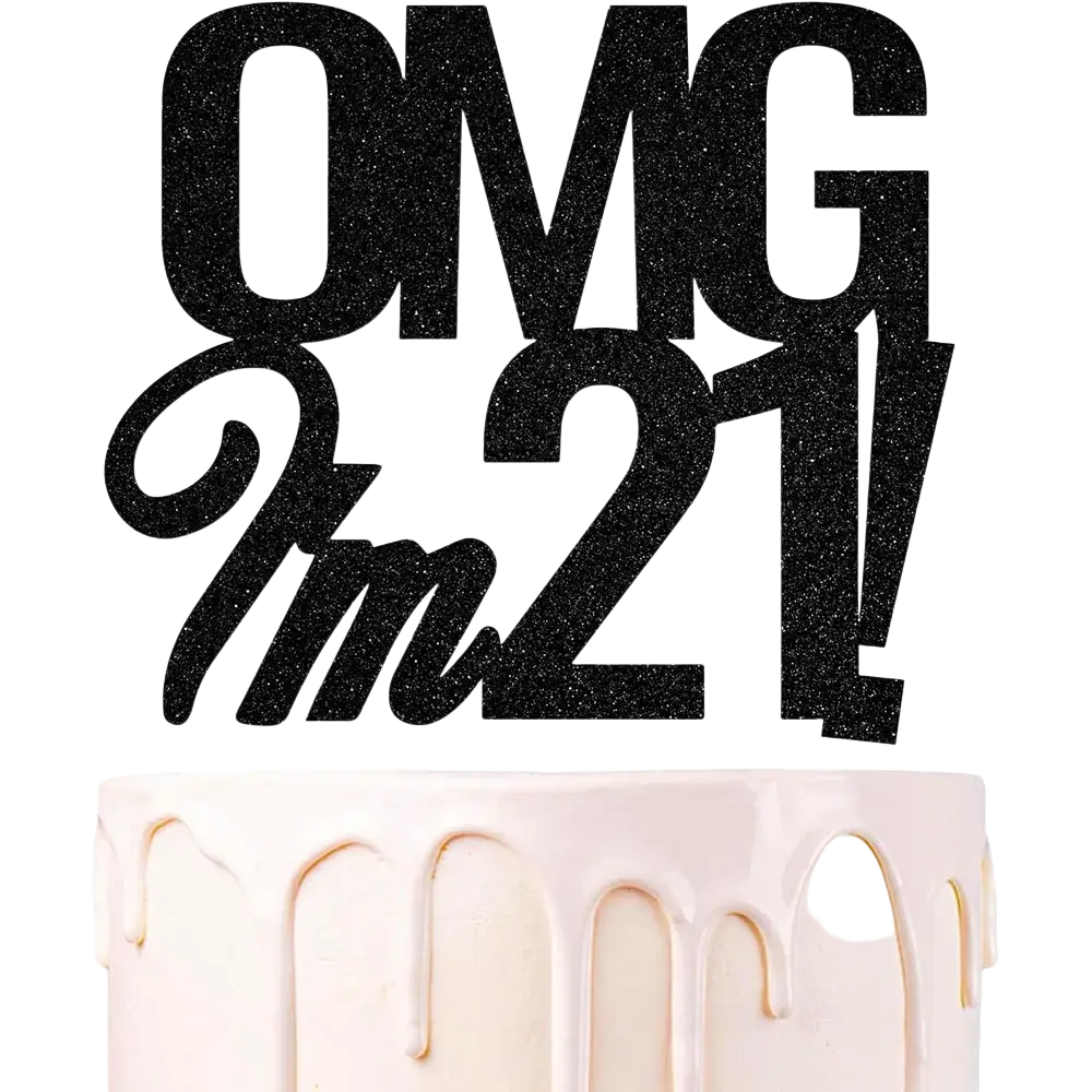 Black glitter birthday cake topper with omg im 21 design for milestone celebration use