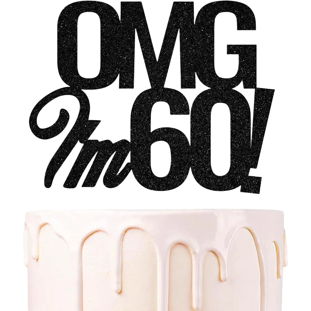 Black glitter birthday cake topper with omg im 60 text, designed for milestone celebrations