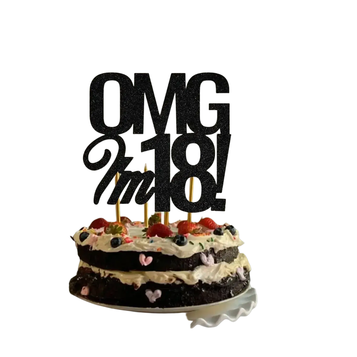 Black glitter birthday cake topper with omg im 18 design and gold candle sticks for birthday cake decoration