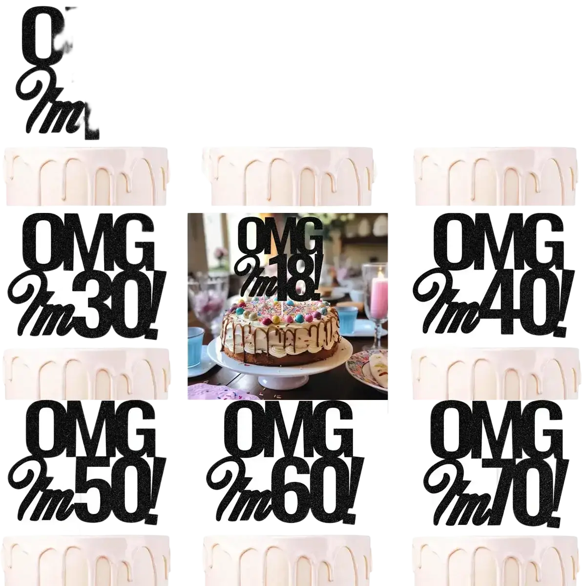 Black glitter birthday cake topper with bold stylized lettering saying omg im 18 for birthday cake decoration