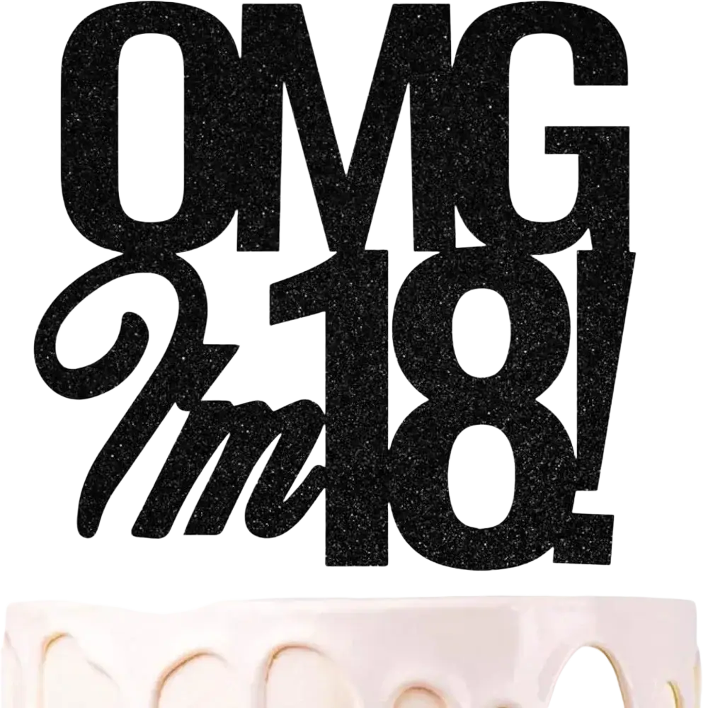 Black glitter birthday cake topper with omg im 18 design for eighteenth birthday celebrations