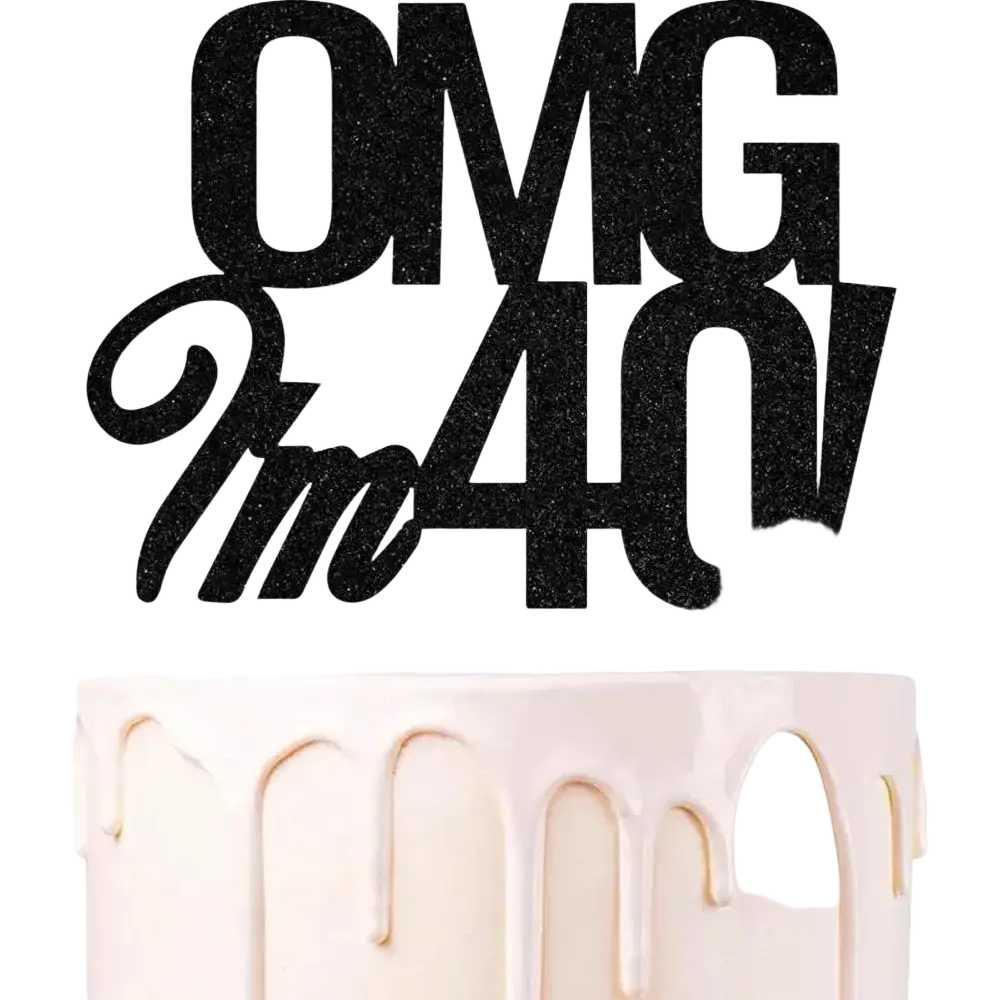 Black glitter birthday cake topper with omg im 40 design for milestone 40th birthday celebrations