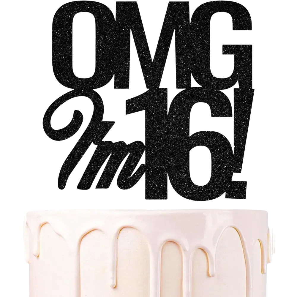 Black glittery omg im 16 birthday cake topper for 18th birthday celebrations decorative acrylic design