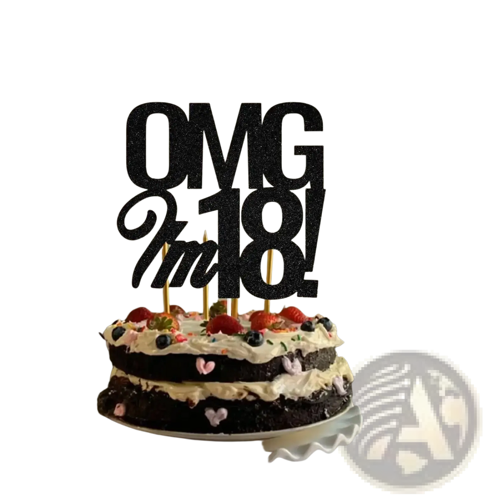 Black glitter birthday cake topper reading omg i am 18 made of glitter material for 18th birthday celebration