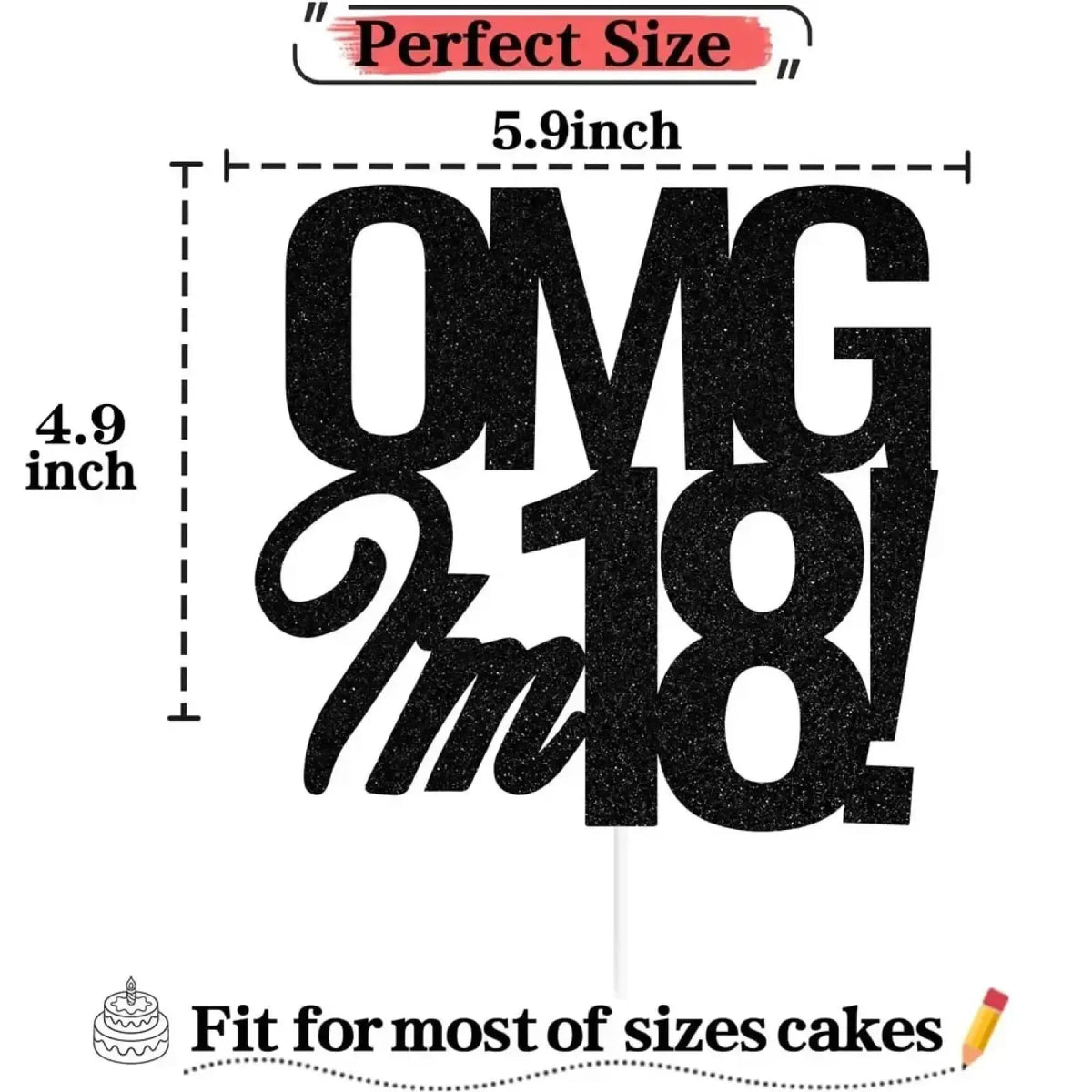 Black glitter birthday cake topper displaying omg im 18 designed for 18th birthday celebrations