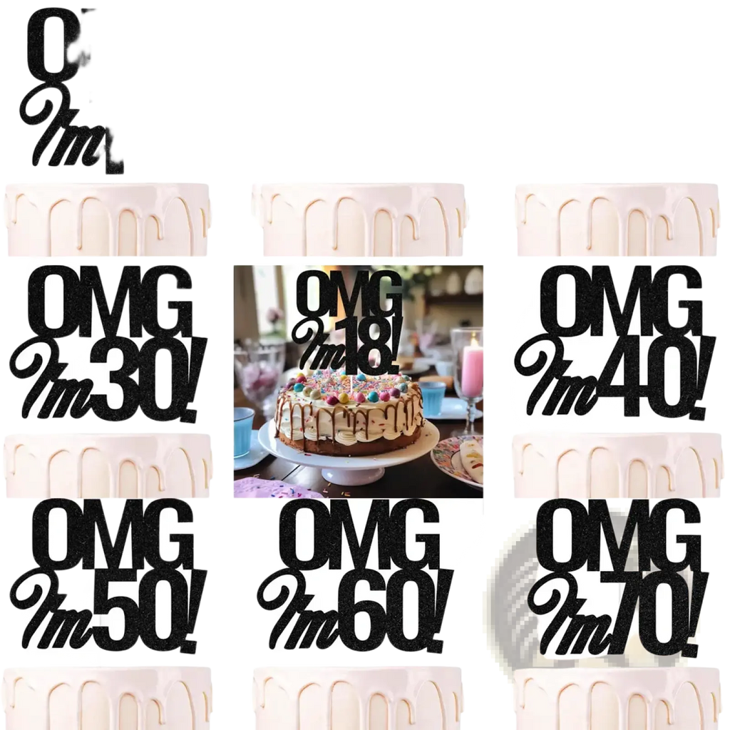 Black glitter birthday cake topper with bold stylized lettering reading omg i am 18 for birthday celebrations