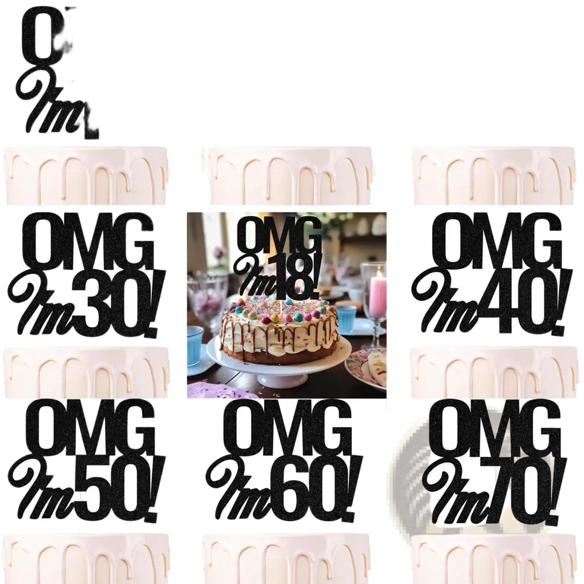 Black glitter birthday cake topper with bold stylized lettering reading omg i am 18 for birthday celebrations