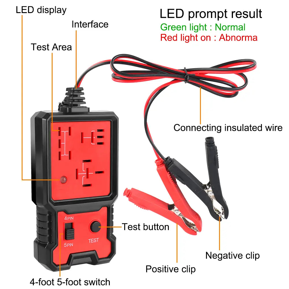 Schwarzer und roter Handheld-Automobil-12-V-Kfz-Relaisprüfer und Batterieprüfer mit isolierten Prüfkabeln, ausgelegt für elektrische Diagnosearbeiten.