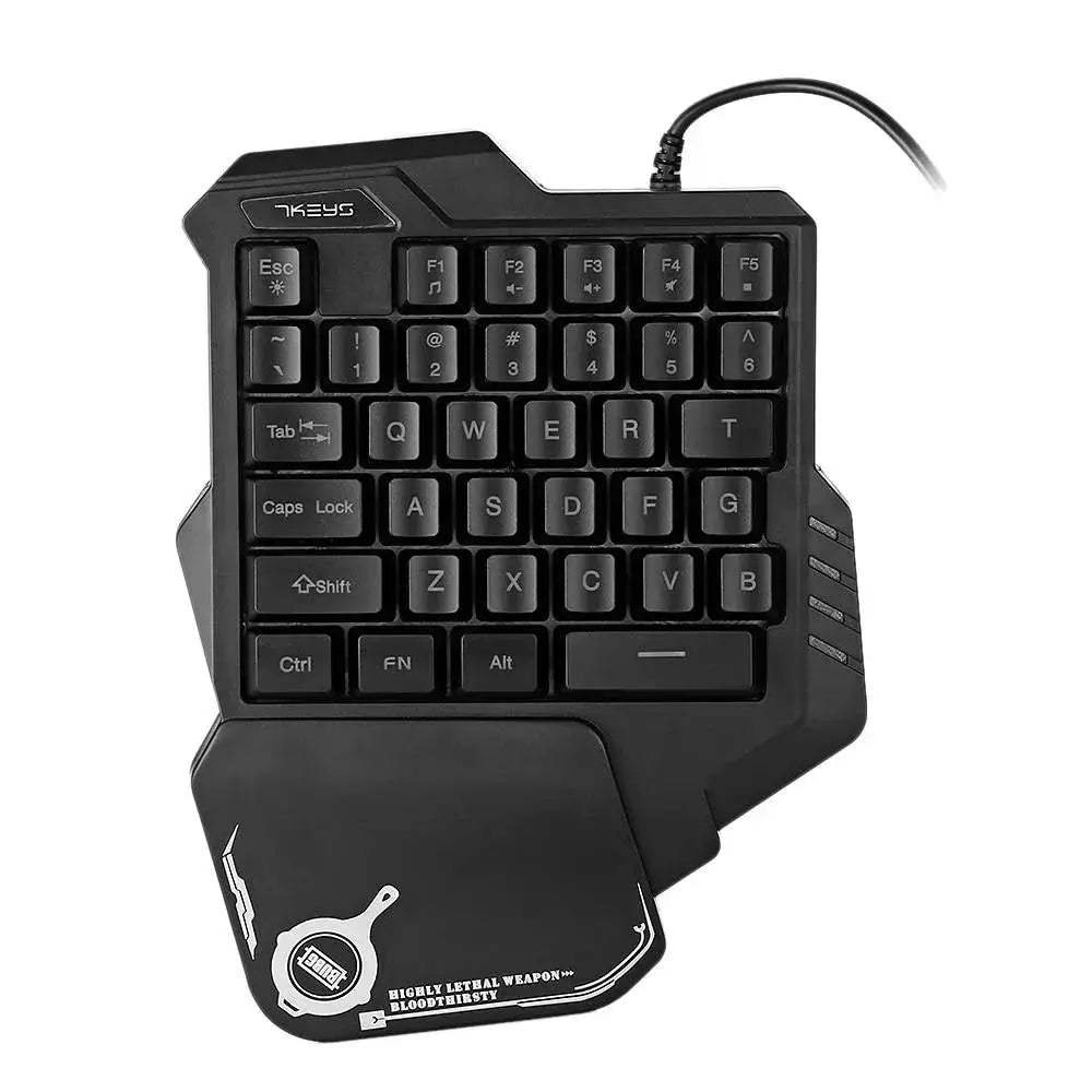 Black ergonomic one handed RGB mechanical mini gaming keyboard with integrated wrist rest and bloodthirsty game logo