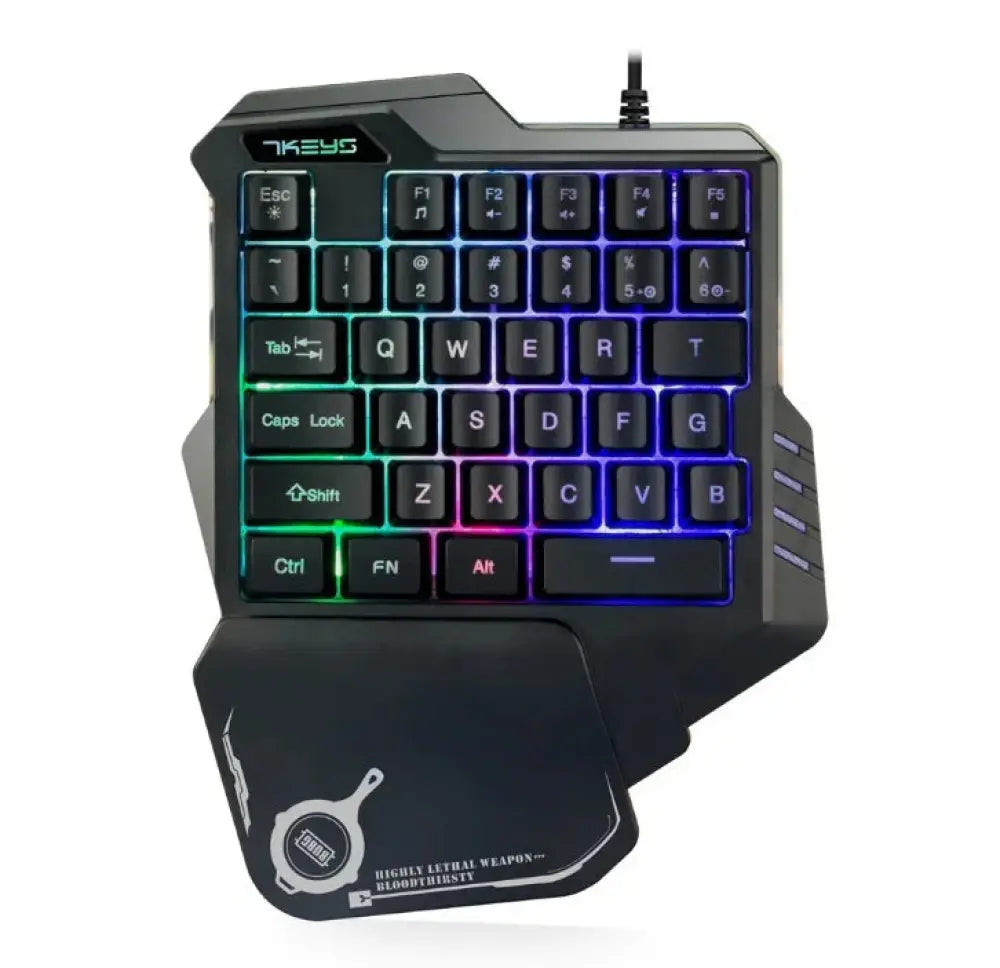 Black 7keys one handed RGB mechanical mini gaming keyboard with RGB backlighting and detachable wrist rest with PUBG logo