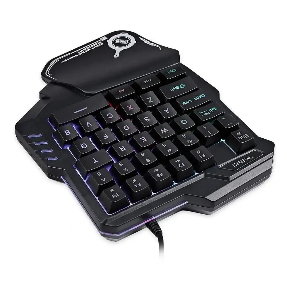 Black ergonomic one handed RGB mechanical mini gaming keyboard with purple backlighting and Razer logo on top surface