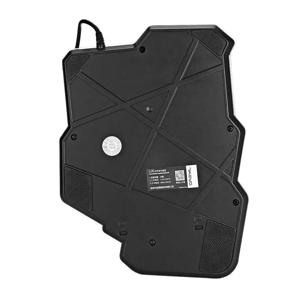 Black plastic one handed rgb mechanical mini gaming keyboard with angular geometric design and textured grips