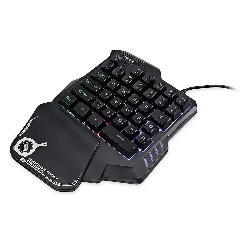 Black one handed RGB mechanical mini gaming keyboard with RGB backlighting and attached wrist rest with white logo