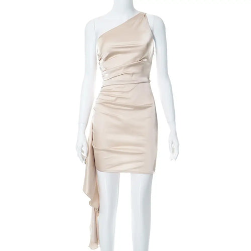 Beige satin ruched one shoulder backless mini dress with a draped side slit for elegant occasions