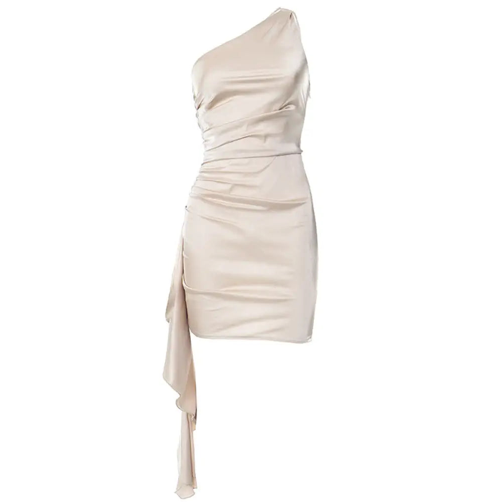 Beige satin ruched one shoulder backless mini dress with draped detailing and asymmetrical hemline in soft beige