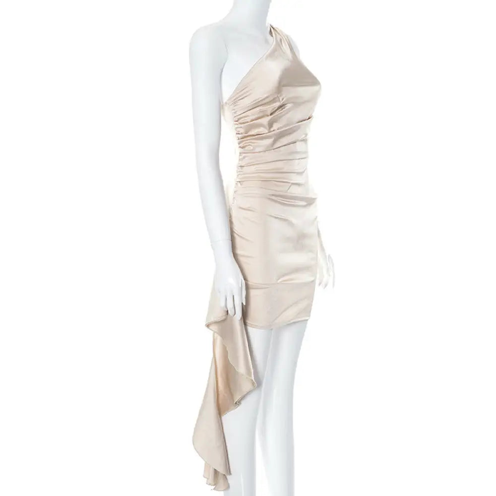 Beige satin ruched one shoulder backless mini dress with asymmetrical hem in elegant smooth fabric
