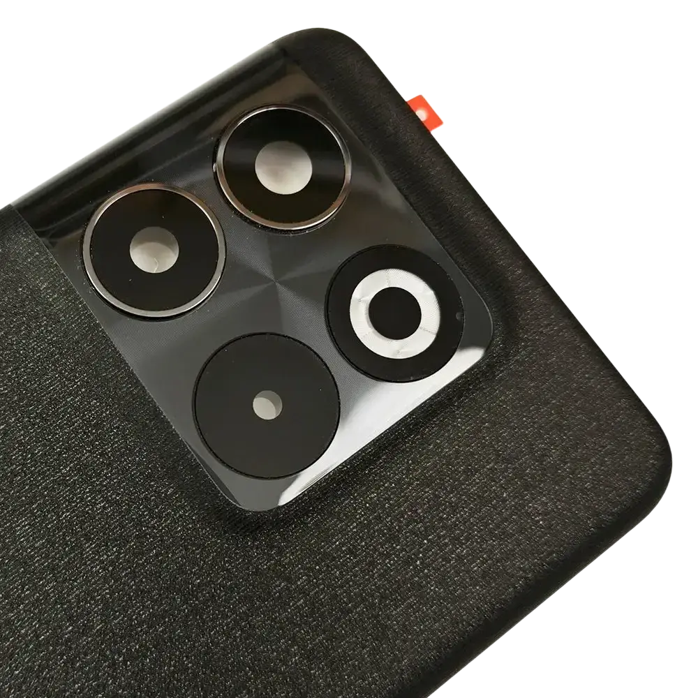 Black textured oneplus 10t 5g glass back cover replacement showing glossy camera module with four lenses on back side