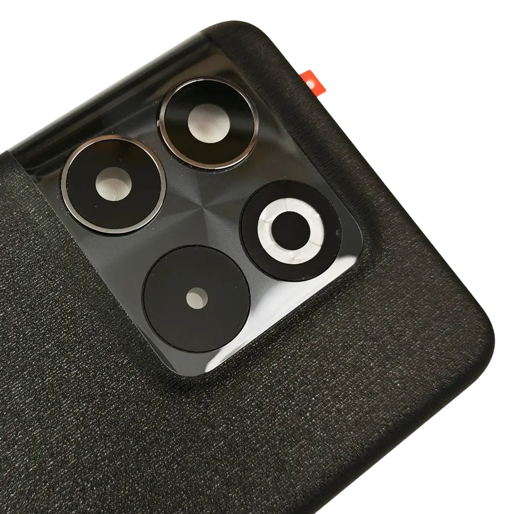 Back side of black textured Oneplus 10t 5g glass back cover replacement with glossy black triple camera module and metallic rings