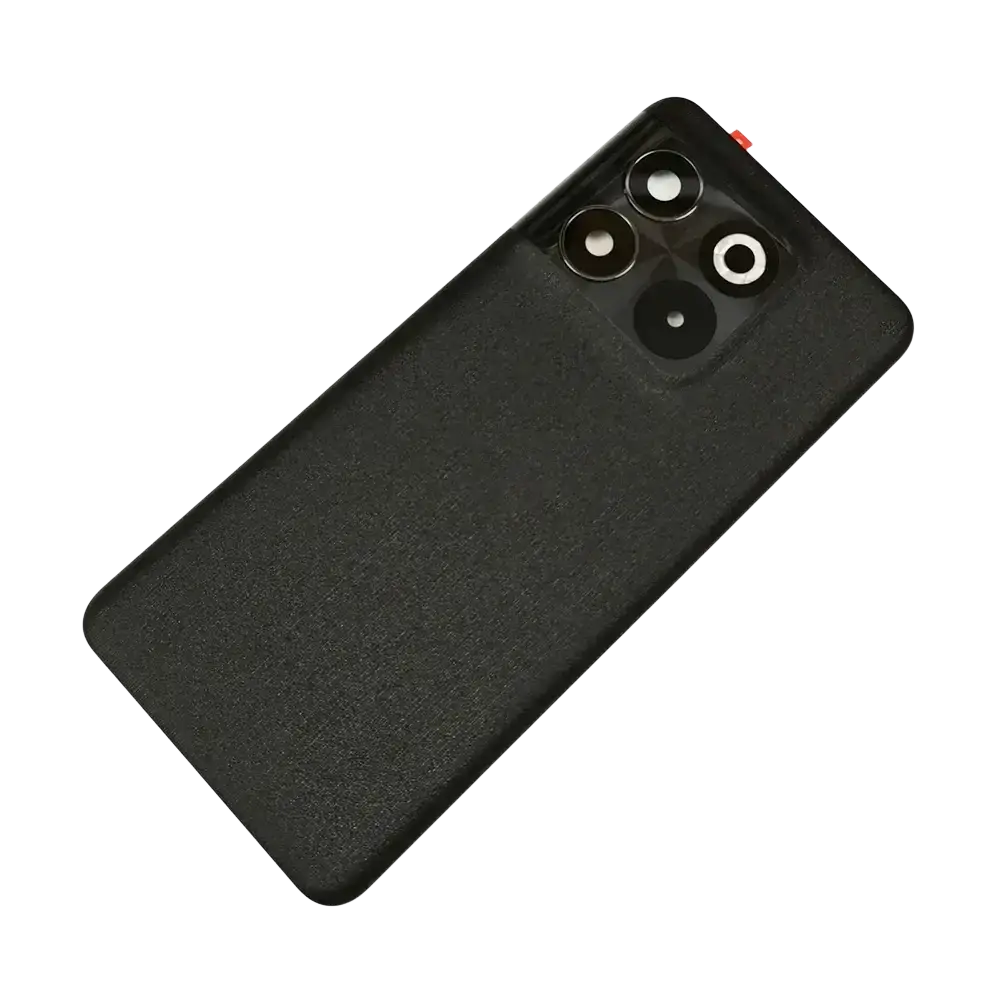Back side of black textured oneplus 10t 5g glass back cover replacement with triple camera module and red accent