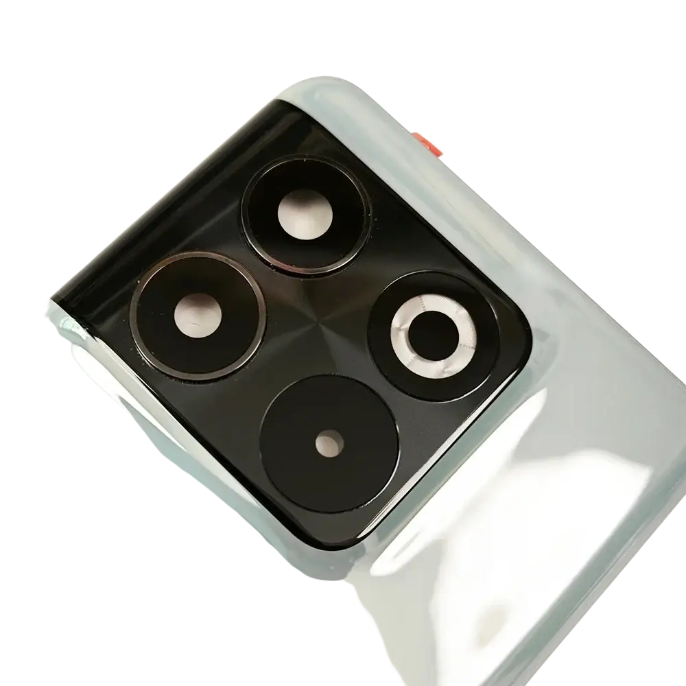 Back side of a light blue glossy oneplus 10t 5g glass back cover replacement with a black quad-camera module