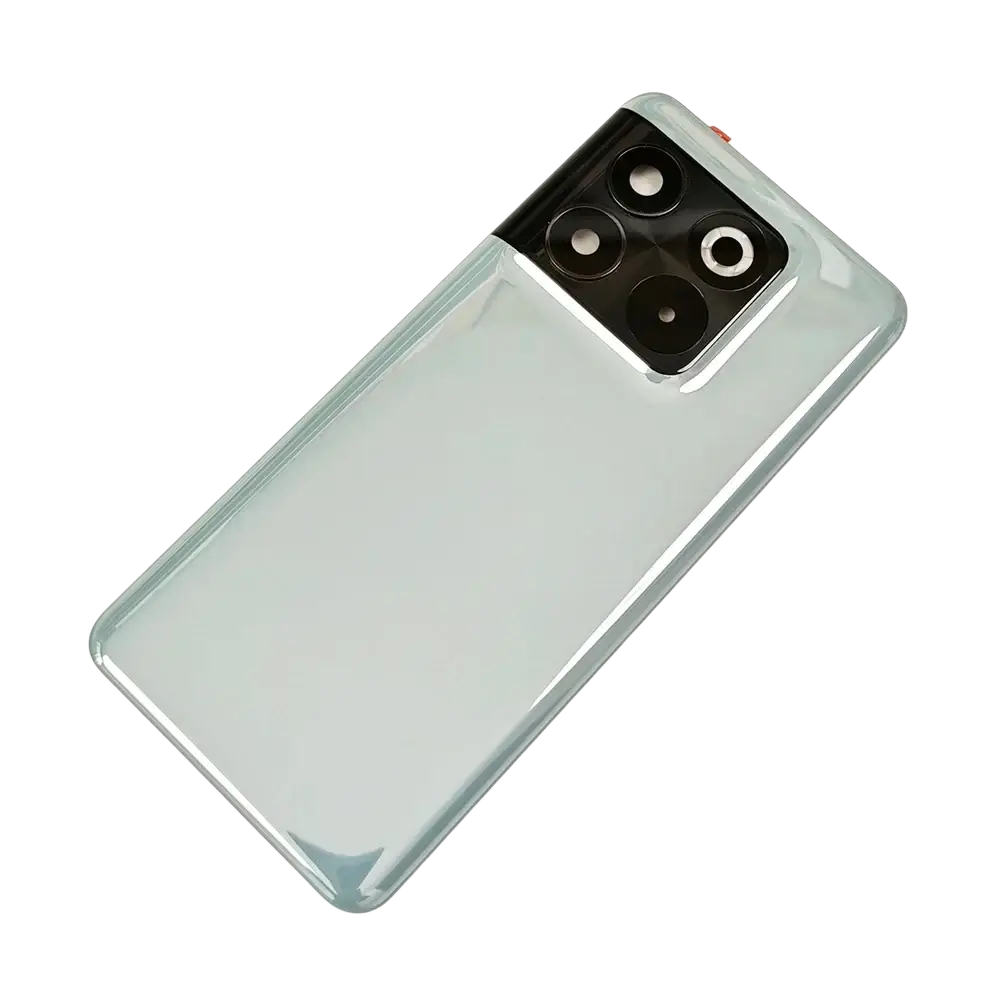 Back side of oneplus 10t 5g glass back cover replacement in sleek translucent light blue with glossy finish and triple lens camera module