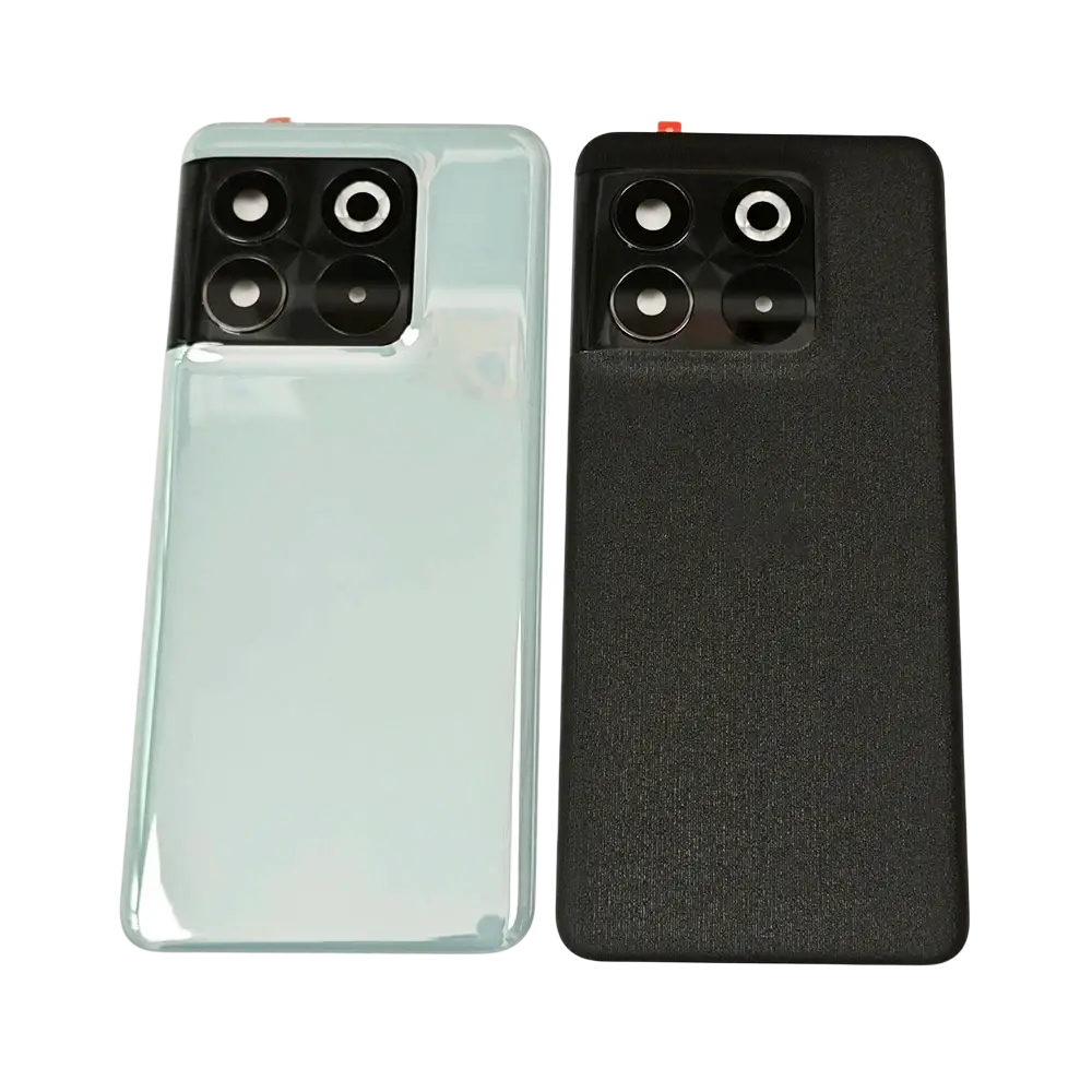 Back side of oneplus 10t 5g glass back cover replacement in translucent light blue glass and matte black textured plastic