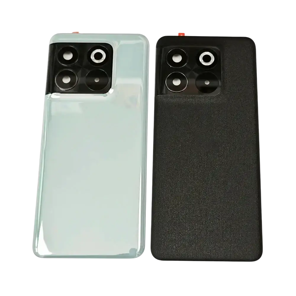 Back side of oneplus 10t 5g glass back cover replacement in translucent light blue and textured black with square camera module