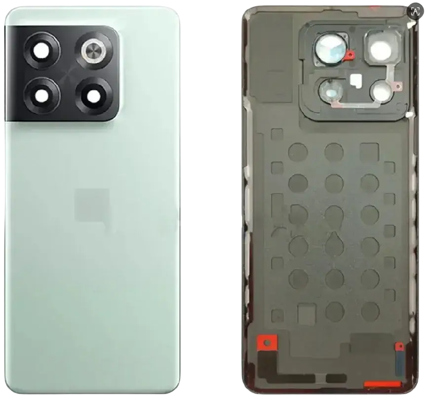 Mint green oneplus 10t glass battery cover replacement panel showing rear camera module with four lenses in black housing
