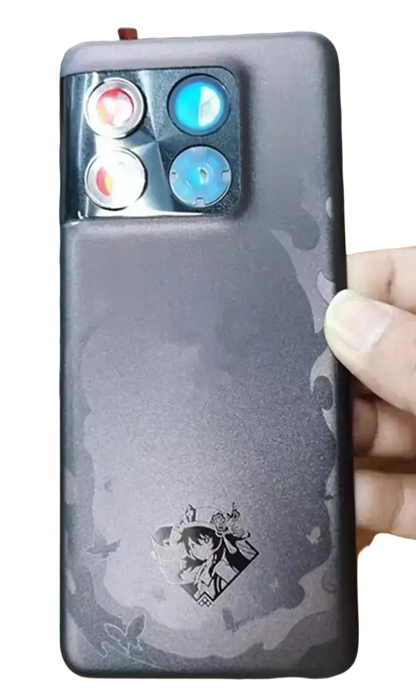Back side of oneplus 10t gray glass battery cover with quad-camera module featuring red and blue lenses