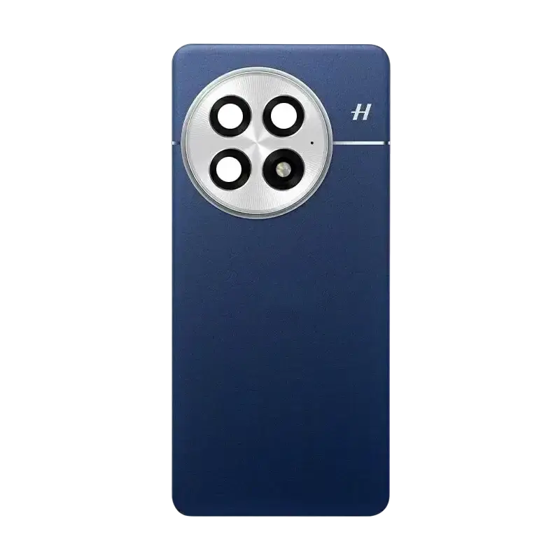 Back side of blue oneplus 13 replacement back cover with camera frame glass lens and silver accent housing four lenses