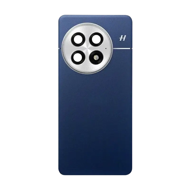 Back side of deep blue oneplus 13 replacement back cover with circular silver camera frame glass lens housing four cameras