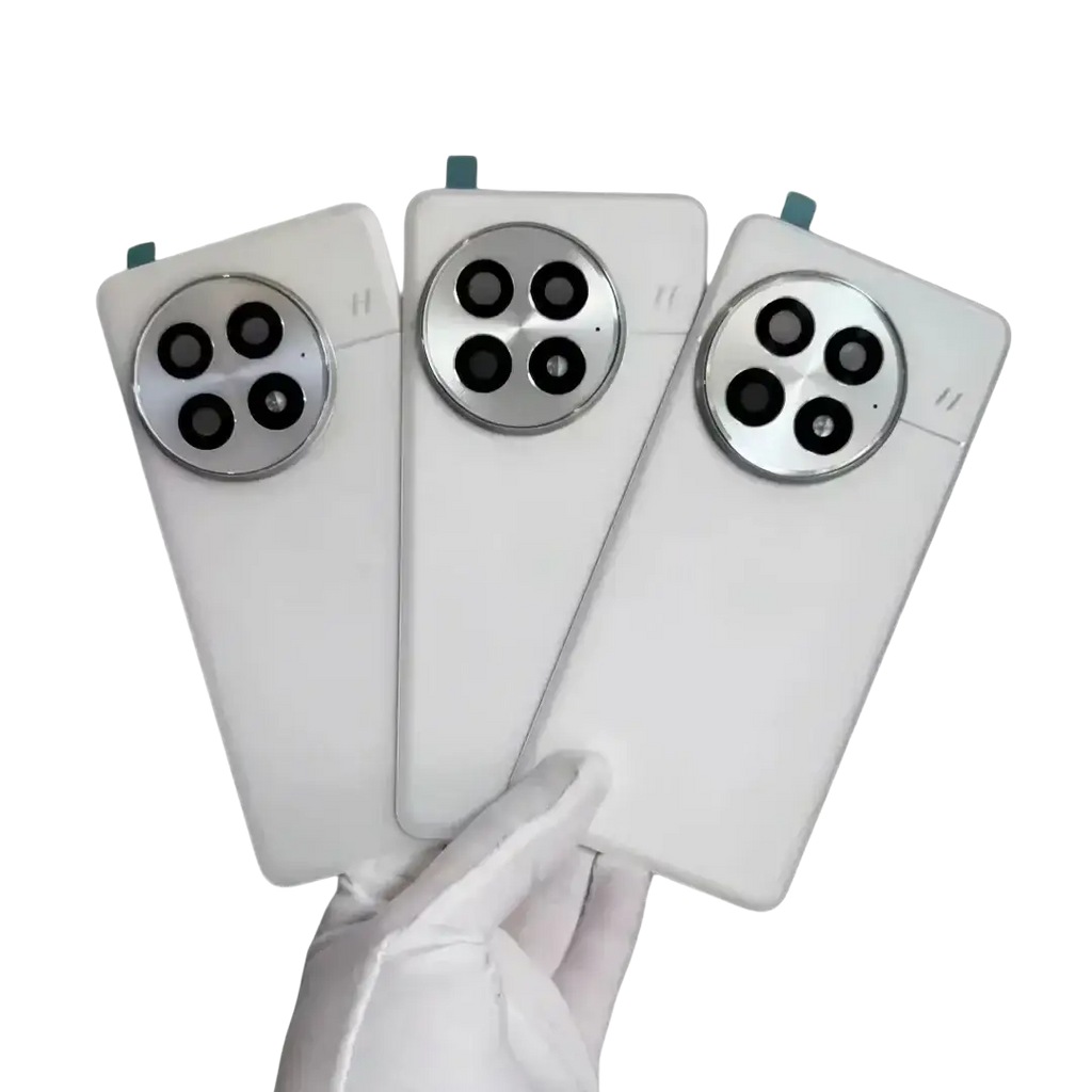 Three white oneplus 13 replacement back covers with silver metallic camera frame glass lens featuring four lenses